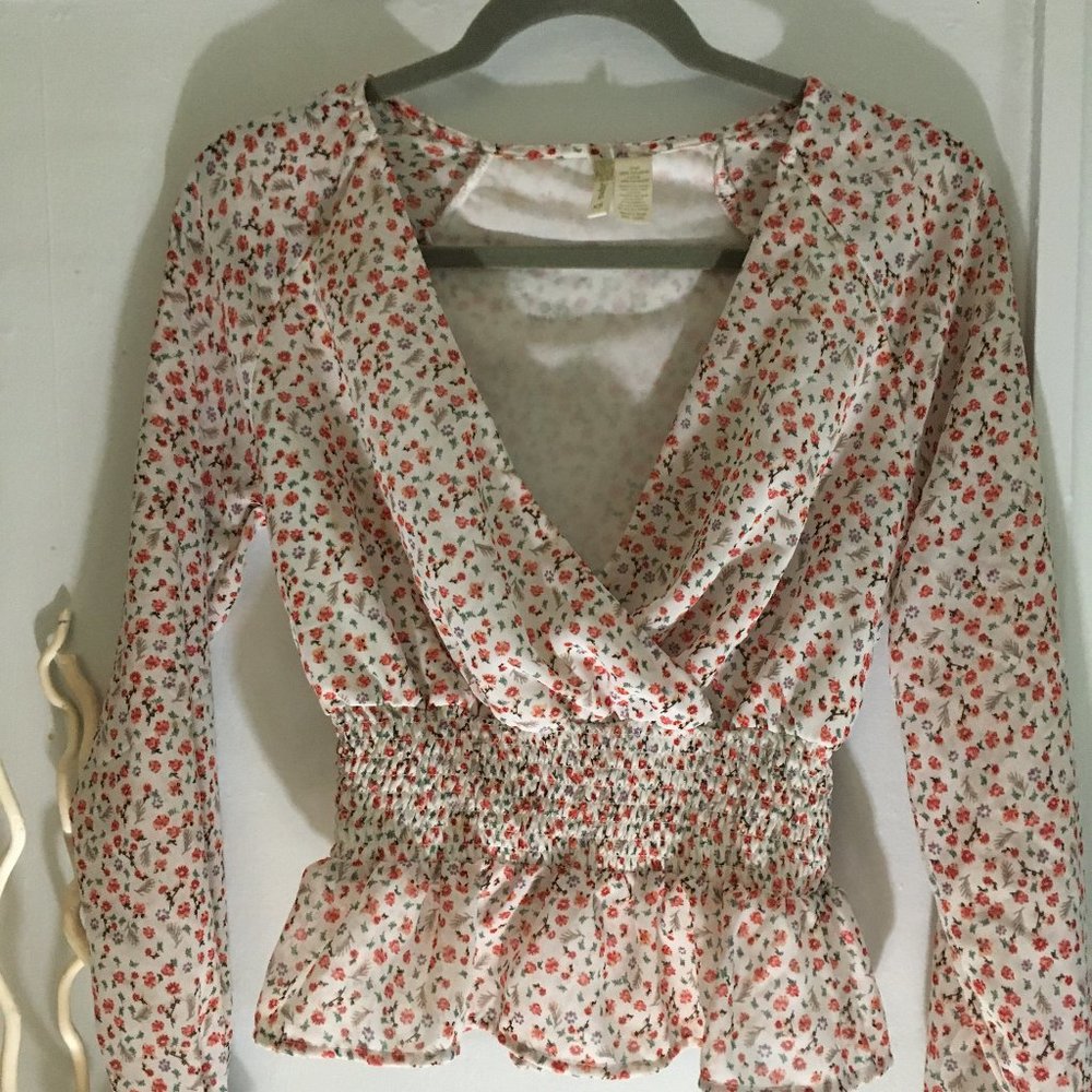 JAPNA-Floral Print L/S Lined V-Neck Blouse XS